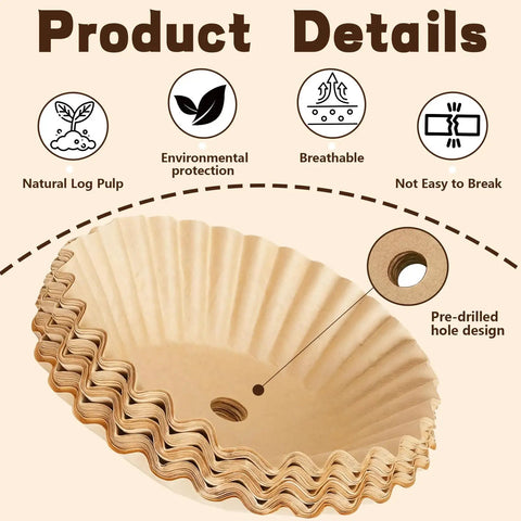Close-up of Top Shelf Unbleached Paper Coffee Filters 500 Pack, showing pre-drilled hole design and ruffled edges.