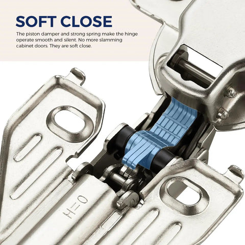 Close-up of Heavy Duty Full Overlay Soft Close Cabinet Hinge showcasing the damper and spring mechanism, ideal for kitchens.