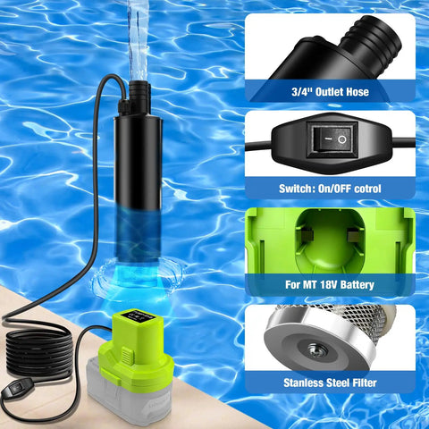 Top Tier 635 Gph Submersible Sump Pump With Brushless Motor Engineered For Ryobi 18v Cordless Battery Setup draining water from a pool.