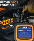 Two In One OBD2 Car Diagnostic Scanner And Battery Tester showing engine fault codes P0010 with oil pouring into engine
