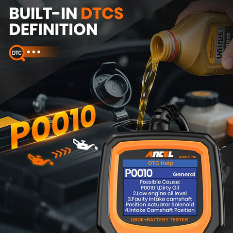 Two In One OBD2 Car Diagnostic Scanner And Battery Tester showing engine fault codes P0010 with oil pouring into engine