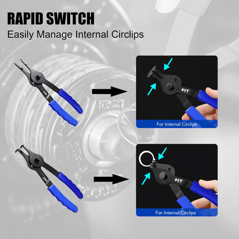 14 Piece Snap Ring Pliers Set With Internal And External Retaining Rings Pliers Including 45 Degree And 90 Degree Bent And Straight Tips Plus Hook And Pick Tools Heavy Duty Removal Kit With Storage Case And Gloves shown managing internal circlips