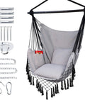 Hammock Chair Hanging Rope Swing Chair For Indoor Outdoor Use Built For Chill Comfort Up To 450 Lbs Large With Pocket And Two Cushions Removable Steel Bar Hardware Kit Included Light Grey shown with mounting hardware and chain