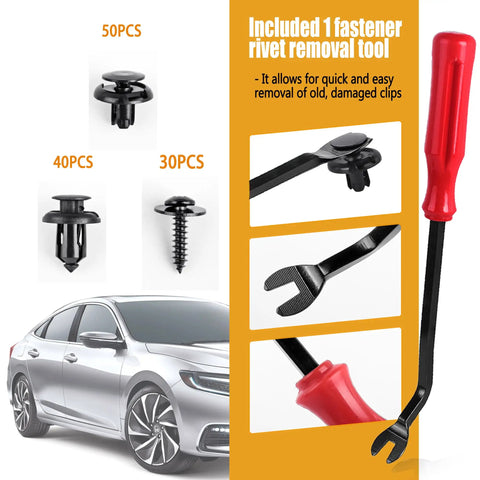 Premium 120 Piece Bumper And Fender Retainer Clip Kit With Splash Shield Wheelwell Screws That Works Like A Champ For Honda And Acura Civic And Accord Repairs, including clips and a rivet removal tool.