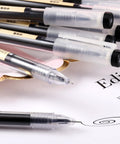 Close-up of 12 Pack 0.35mm Black Gel Ink Pens Extra Fine Point for Office and School Use Slick Roller Ball Style Precise Writing Durable