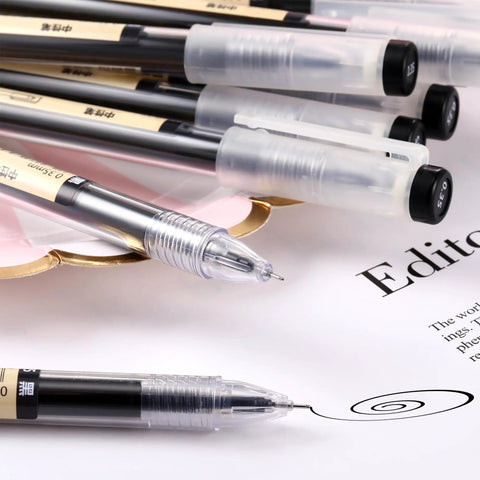 Close-up of 12 Pack 0.35mm Black Gel Ink Pens Extra Fine Point for Office and School Use Slick Roller Ball Style Precise Writing Durable