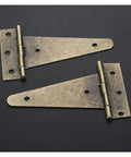 Vintage T-Shape Metal Cabinet Hinges 4 Pack with Screws, antique bronze finish, 10cm flat furniture hardware on black background