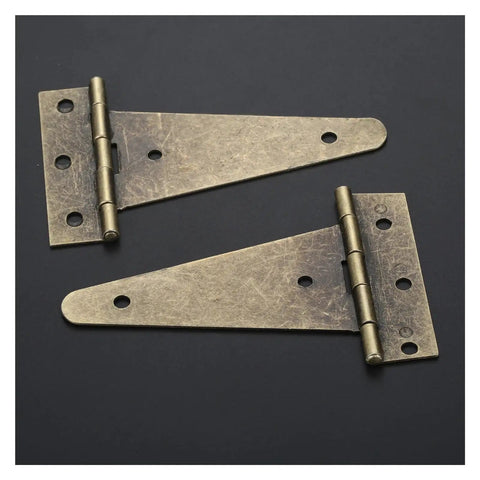 Vintage T-Shape Metal Cabinet Hinges 4 Pack with Screws, antique bronze finish, 10cm flat furniture hardware on black background