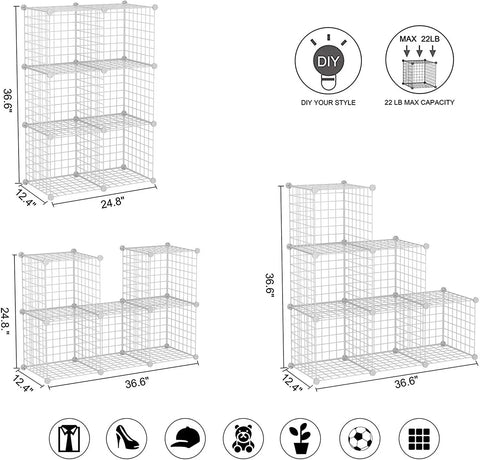 Illustration of Six Cube Wire Storage Organizer With Metal Grid Shelves, Modular Cube Units for various home configurations, size details.