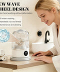 Sleek Mini Portable Washing Machine With Bright Digital Screen And Cordless Battery For Hella Fast Loads Designed For Lazy Dorm Days and Smooth Hotel Stops Keeps Your Threads Looking Fresh, 3D water washing feature in use.