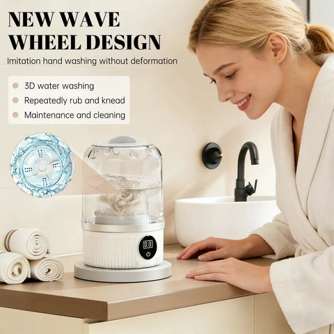 Sleek Mini Portable Washing Machine With Bright Digital Screen And Cordless Battery For Hella Fast Loads Designed For Lazy Dorm Days and Smooth Hotel Stops Keeps Your Threads Looking Fresh, 3D water washing feature in use.