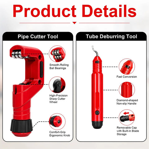 Heavy Duty 4 Piece Pipe And Tubing Cutter Set With Deburring Tool And Reamer For Pros Includes pipe cutter with ball bearings and deburring tool