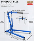 Blue 2-ton hydraulic engine hoist with lever, folding cherry picker on wheeled base with 6 locking wheels and 4 boom positions