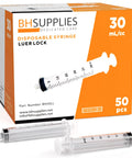 Top Shelf Sterile 30ml Luer Lock Tip Syringes No Needles Included in bulk box of 50, featuring clear plastic barrels.
