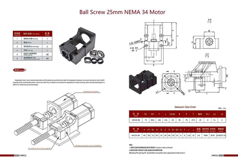 Technical diagram of 25mm CNC Ballscrew Kit SFU2504 RM2504 Anti Backlash with 2750mm Length, including Nema 34 motor bracket.