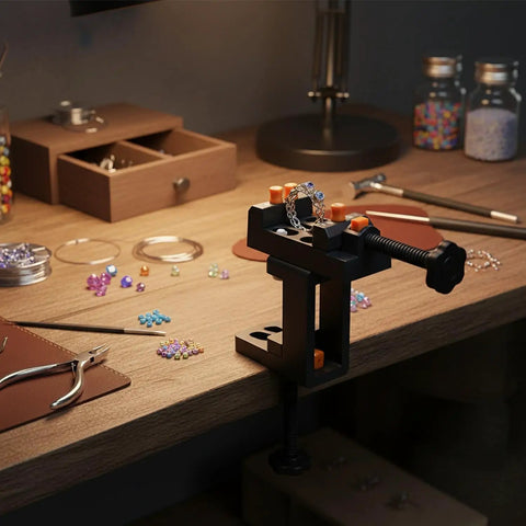 Compact Mini Bench Vise Perfect For Jewelry Making And Model Building, Durable PP Plastic Desktop Clamp holds parts steady for crafting.