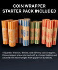 Bulletproof Electric Coin Sorter That Cranks Out Two Hundred Forty Pieces A Minute With A Generous Hopper And Patented Anti Jam System For No Sweat Cash Counting At Retail Counters Or Small Business Desks, featuring a starter pack of Kraft coin wrappers.