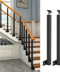 Top Notch Outdoor Wooden Railing For Two To Five Steps crafted with heavy gauge iron posts in a modern stairway setting.