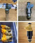 Various fuel injectors for Ford Lincoln Mercury vehicles, part of Fuel Injector Seal Kit For Ford Lincoln Mercury Vehicles 4.6L 5.0L 5.4L 5.8L DIY Friendly Rebuild Kit With Seals Pintle Caps And Filters For F150 F250 F350 E150 E250 E350 V8 Engines
