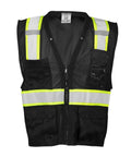 Men's Black Hi Vis Safety Vest With Six Spacious Utility Pockets And Cooling Mesh Back, Bold Reflective Stripes For Reliable Job Site Visibility, lightweight polyester material, front view.