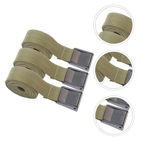 Military Green Tie Down Straps 25mm By 1m With Quick Release Buckle, shown rolled with metal buckles for securing gear.