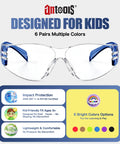 Six Crew Pack Youth Safety Glasses With Anti Fog And Uv400 Tint Built Tough Scratch Proof Lenses For School Hustle Shop Class And Bike Rides Multi Color Wraparound Shields, blue detailed view for kids.