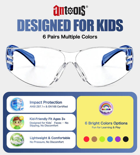 Six Crew Pack Youth Safety Glasses With Anti Fog And Uv400 Tint Built Tough Scratch Proof Lenses For School Hustle Shop Class And Bike Rides Multi Color Wraparound Shields, blue detailed view for kids.