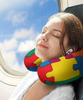 Lightweight U Shaped Neck Pillow With Washable Cover For Travel And Office Naps, Memory Foam Support, Autism Awareness Colorful Puzzle Design