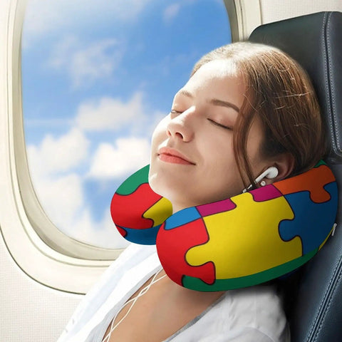 Lightweight U Shaped Neck Pillow With Washable Cover For Travel And Office Naps, Memory Foam Support, Autism Awareness Colorful Puzzle Design