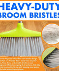 Kickass Heavy Duty Broom And Dustpan Combo Set With Long Commercial Handle For Lobby Kitchen Floor Sweep Up Solid Upright Grip Brush For Quick Interior Clean Up In Green, showing heavy-duty bristles design on a wooden floor.