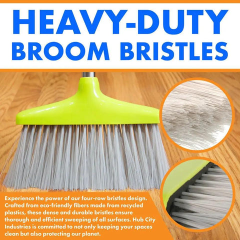 Kickass Heavy Duty Broom And Dustpan Combo Set With Long Commercial Handle For Lobby Kitchen Floor Sweep Up Solid Upright Grip Brush For Quick Interior Clean Up In Green, showing heavy-duty bristles design on a wooden floor.
