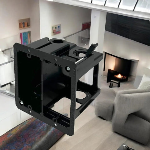Combo Electrical And Low Voltage Old Work Box 2-Gang Cut-In Retrofit For Power And Data in black finish, showcased indoors