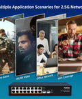 Unmanaged 18 Port 2.5G Ethernet Switch With 16 2.5Gb Base T Ports And 2x 10G SFP Ports showing multiple use scenarios