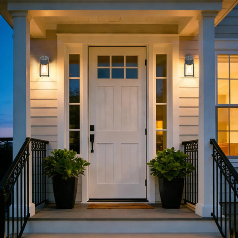 Black Exterior Wall Lanterns Set of 2 for Porch and Entryway lighting a white front door with plants.