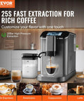 Fully Automatic Espresso Machine With Integrated Grinder And One Touch Milk Frother delivering espresso with 20 bar extraction.