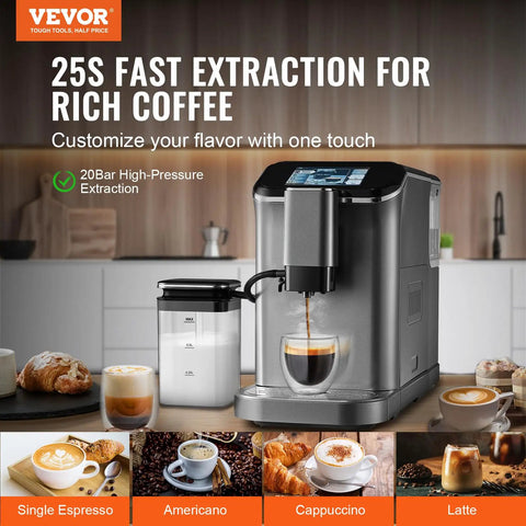 Fully Automatic Espresso Machine With Integrated Grinder And One Touch Milk Frother delivering espresso with 20 bar extraction.
