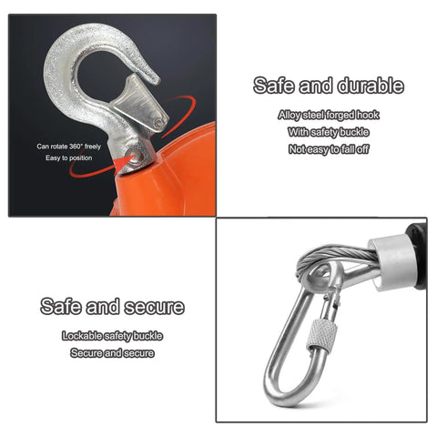 Adjustable Retractable Balance Scale With 1.5 Meter Wire Rope, 1-60kg Load Capacity showing safety hook and buckle close-up