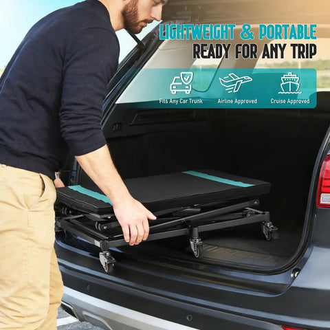 Electric Hydraulic Lift Table Built Dang Tough With Hella Smooth Operation And Straight Up Heavy Duty Aluminum Platform for loading in a car trunk.