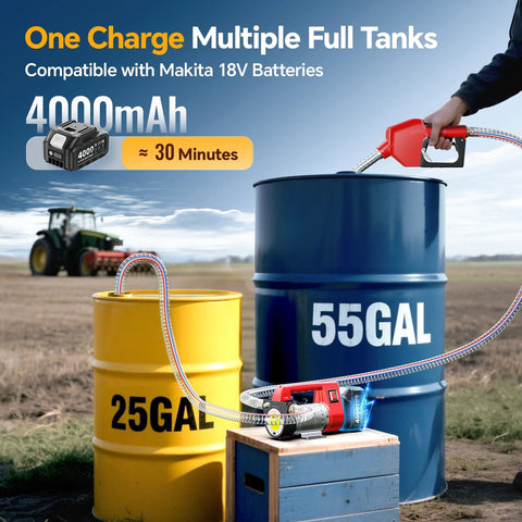 Cordless Fuel Transfer Pump Kit With 12 GPM Electric Flow 21V 4.0Ah Battery And Charger Portable Easy Peasy Diesel Kerosene Transfer Pump With Auto Off Nozzle And Dual 6.6Ft Hoses For Tractors And Farm Equipment shown transferring diesel from a 55-gallon barrel