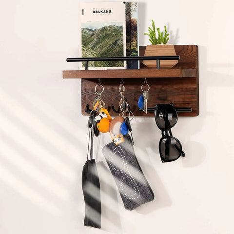 Wall Mounted Key Holder And Hangers With Five Key Hooks No Fuss Wooden Mail Rack Organizer With Shelf Rustic Home Decor