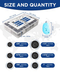 55 Pcs Rubber Grommets Kit With Six Assorted Sizes and storage box dimensions displayed.