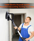Man using Drywall Sander With 750W Power, Seven Variable Speed Settings From 900 To 1800 RPM on wall, showcasing extendable handle.