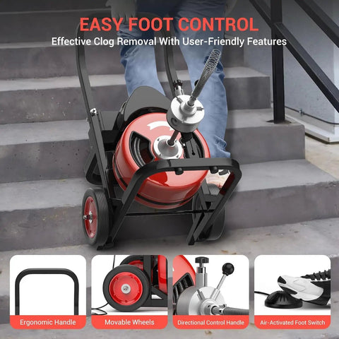 Heavy Duty Electric Drain Auger Sewer Snake Powering Through Blockages Effortlessly With No Sweat Auto Feed Smooth Rolling Cart on stairs.