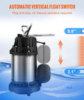 1/2 HP Submersible Sump Pump With Stainless Steel Surface, 10 Ft Power Cord, 1-1/2 Inch NPT Discharge, Auto Float Switch