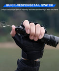 Person holding Beast Bright 2000 Lumen Tactical Flashlight with rechargeable power and tactical tail button outdoors