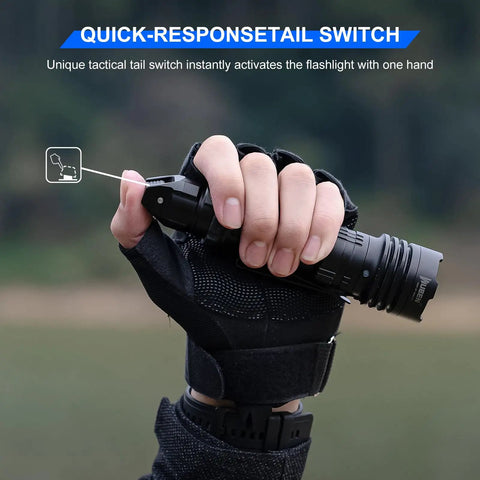 Person holding Beast Bright 2000 Lumen Tactical Flashlight with rechargeable power and tactical tail button outdoors