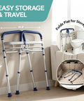 Adjustable Toilet Safety Rails For Seniors Rock Solid Bathroom Grab Bars folded flat for storage by toilet, measuring 21.3" x 24.8".