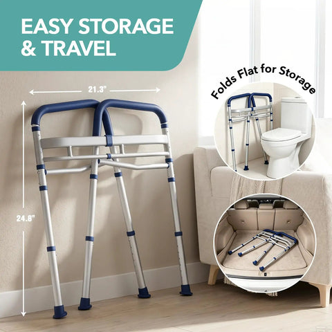 Adjustable Toilet Safety Rails For Seniors Rock Solid Bathroom Grab Bars folded flat for storage by toilet, measuring 21.3" x 24.8".