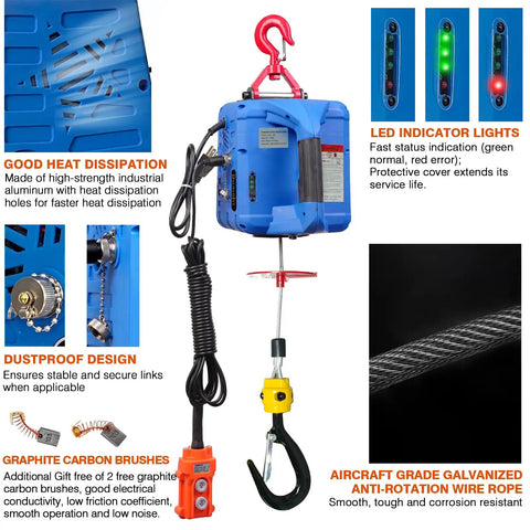 Dremvoist 3 In 1 Electric Hoist Winch 1100 Lbs Pulling Power With Wireless Remote Control 26 Ft Lifting Height close-up of motor and hook