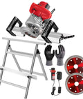 Rock Solid 1200 Watt Electric Tile Bevel Cutter With 43 Degree Angled Setup And Integrated Water Cooling Adjusts Slab Thickness And Knocks Out Ceramic Porcelain Edges Like Butter Includes Twin Diamond Blades with accessories.